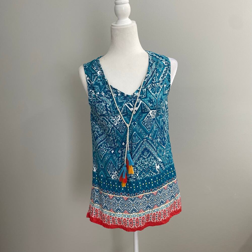Panhandle Boho-Y2K Tribal Print Sleeveless Tunic Top Tassel Detail Size M
